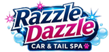 Razzle Dazzle Car & Tail Spa logo in blue and pink with sparkling stars and a paw print