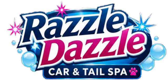 Razzle Dazzle Car & Tail Spa logo in blue and pink with sparkling stars and a paw print