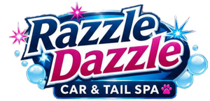 Razzle Dazzle Car & Tail Spa logo in blue, pink, and white with sparkles and paw print