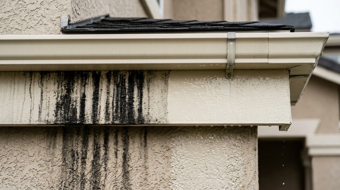 Dirty rain gutter with black mildew streaks on a house exterior