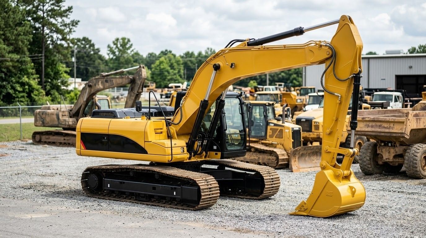 Yellow tracked excavator parked on gravel at a construction yard with other heavy equipment nearby