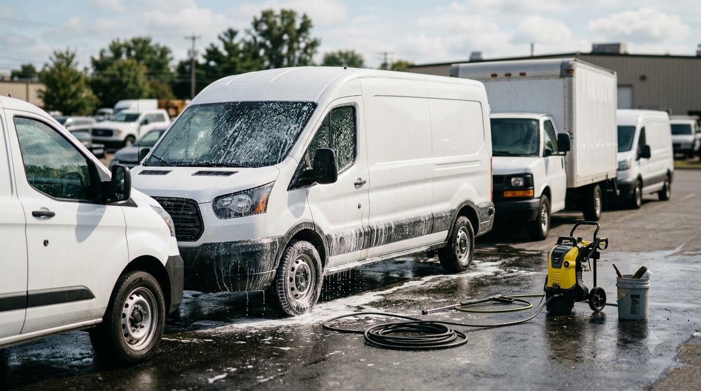 White vans being washed in a car wash, with cleaning equipment on wet pavement.