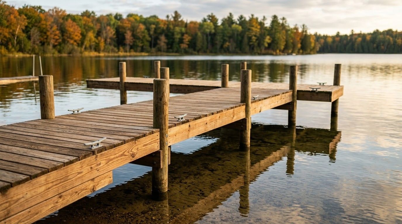 Wooden dock extending into a calm lake at sunset, with autumn trees reflected in the water.