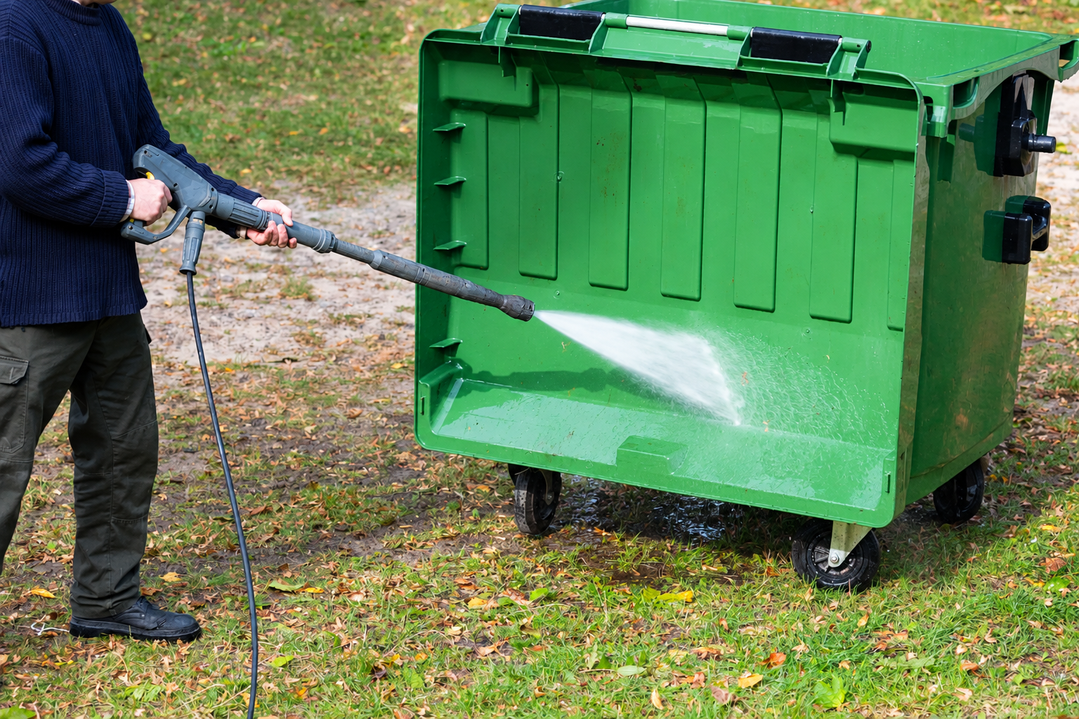 Green dumpster beside wet alley pavement with hoses spraying water and steam