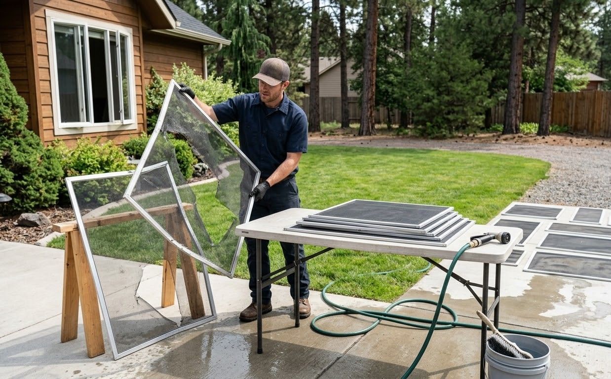 Worker in straw hat pressure-washes a glass panel beside a yellow cart in a driveway.