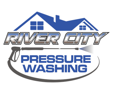 River City Pressure Washing logo with blue house roof and bold silver and blue text
