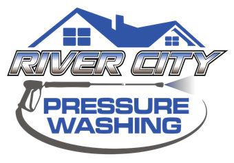 River City Pressure Washing logo with blue house roof and bold silver and blue text