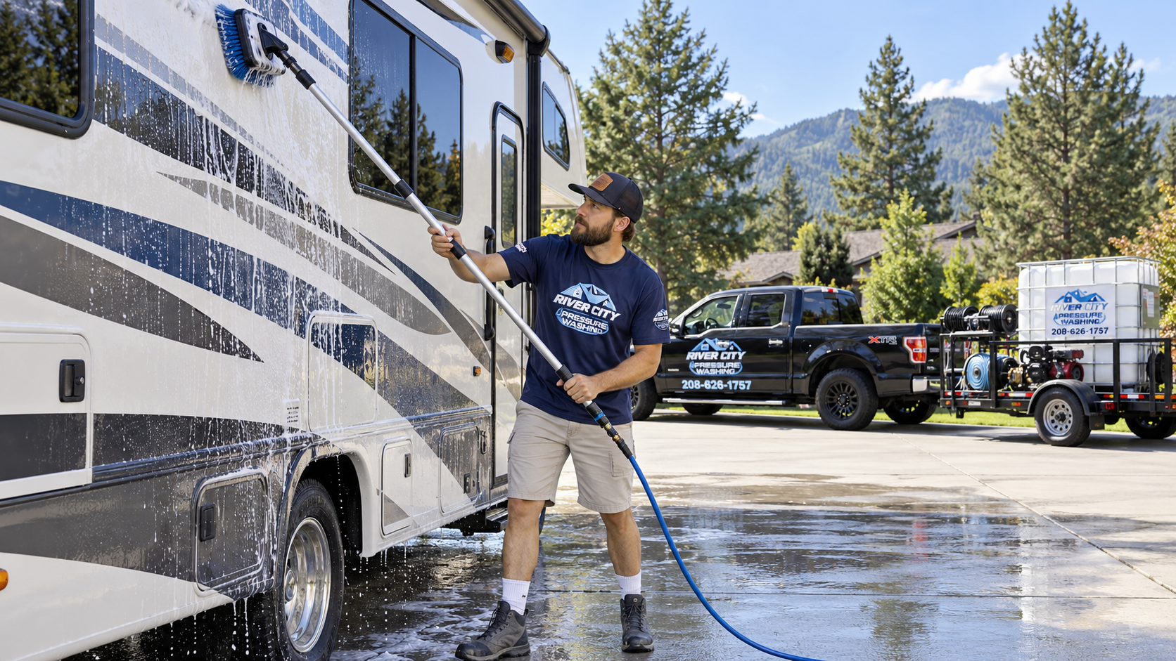 Worker pressure-washing an RV roof beside solar panels and skylights