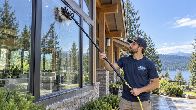 Worker in blue shirt cleaning large glass windows with a squeegee on the side of a building