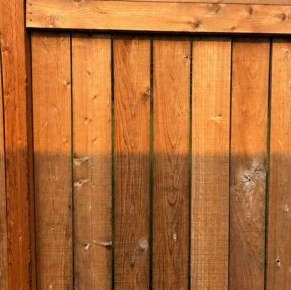 Close-up of a weathered wooden fence with vertical orange-brown planks and a horizontal top rail.