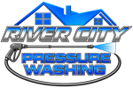 River City Pressure Washing logo with blue house roof and gray-and-blue text
