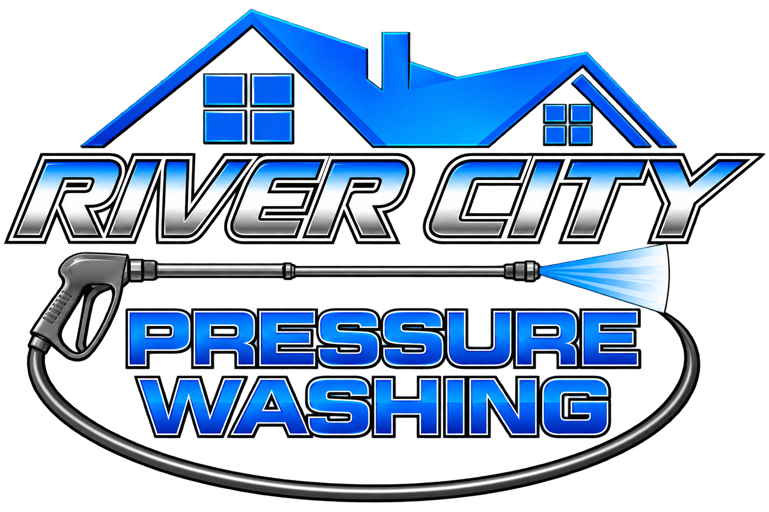 River City Pressure Washing logo with blue house roof and gray-and-blue text