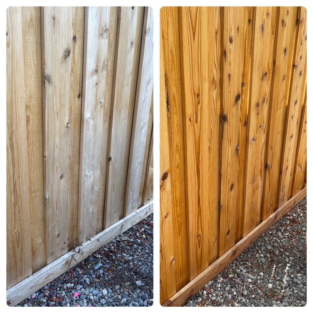 Person pressure-washing a wooden fence with a black hose.