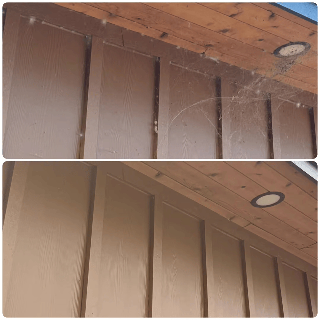 Before-and-after view of a brown exterior wall under a wooden eave, with a ceiling light fixture.
