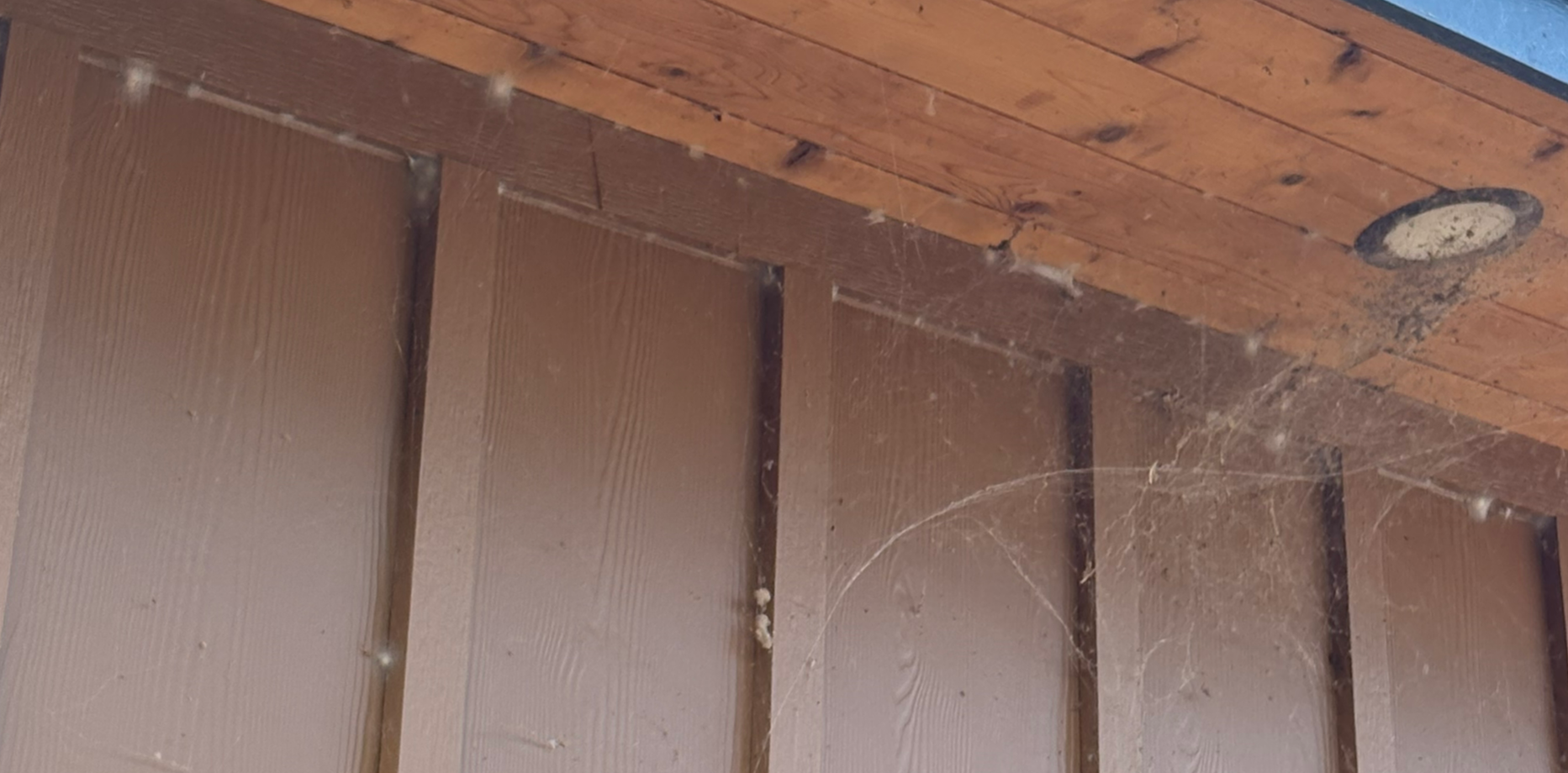 Wooden exterior wall under roof eaves, with a round light fixture and visible damage or stains.