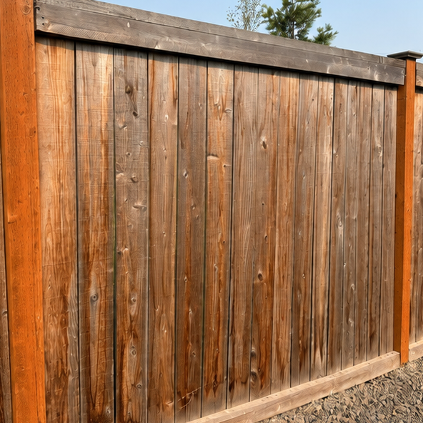 Weathered wooden fence panels with a slanted top rail against a blue sky.