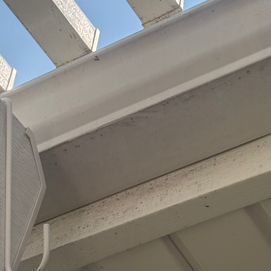 Close-up of white roof beams and trim against a blue sky, with a small speaker on the left.