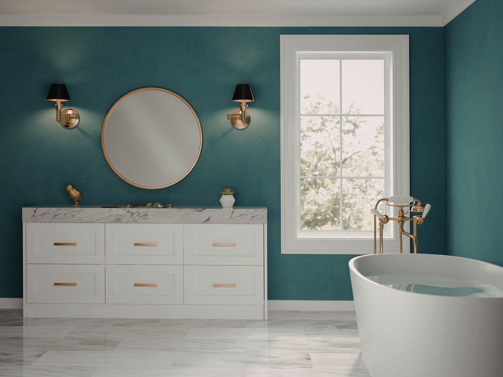 Teal bathroom with white vanity, round mirror, wall sconces, and freestanding tub by a window