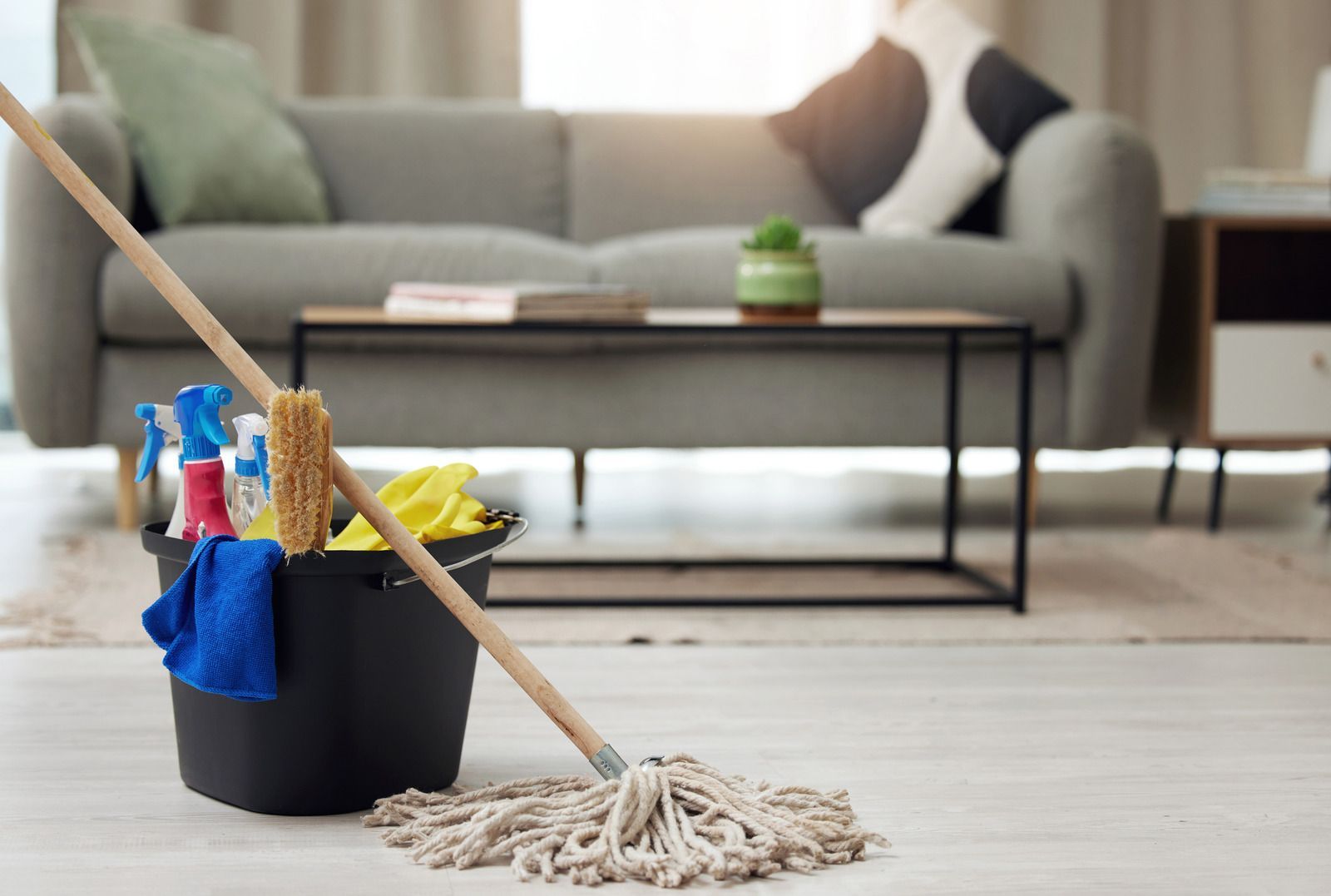 Cleaning supplies and mop on a hardwood floor with a living room sofa in the background