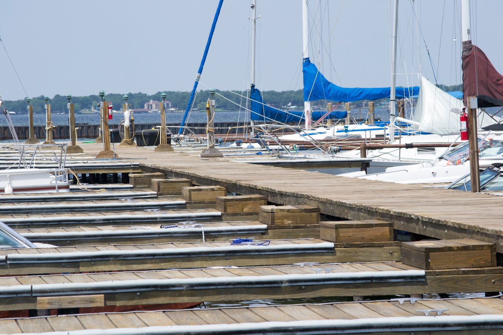 Empty marina docks with sailboats and blue sails on a calm waterfront