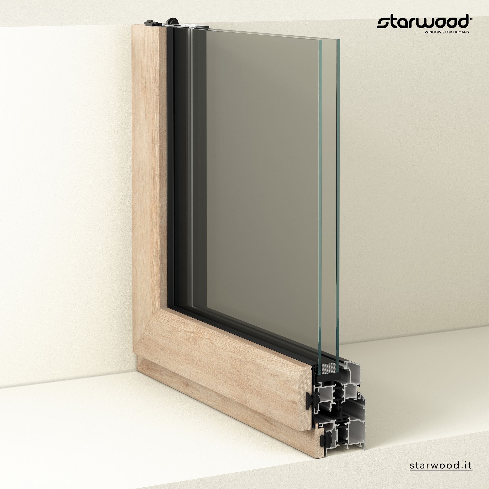 Sezione trasversale di una finestra Starwood. Telaio in legno con pannello in vetro grigio.