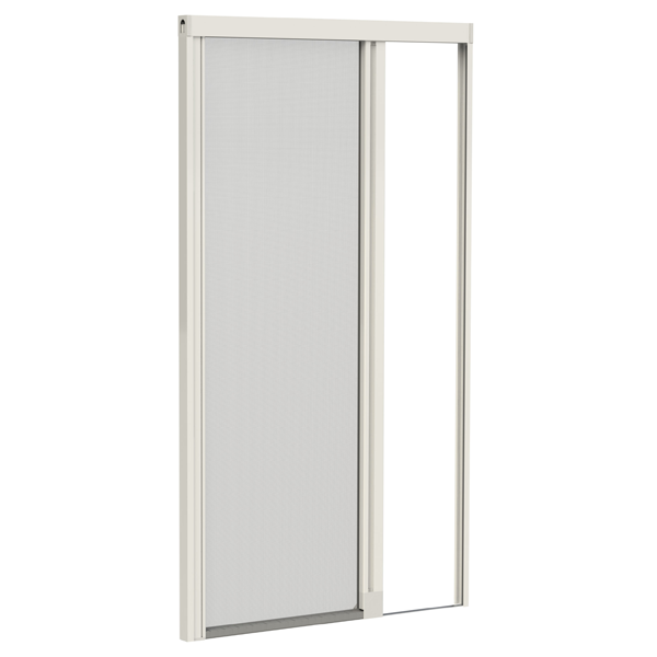 Porta scorrevole bianca dell'armadio parzialmente aperta, che rivela uno spazio vuoto.