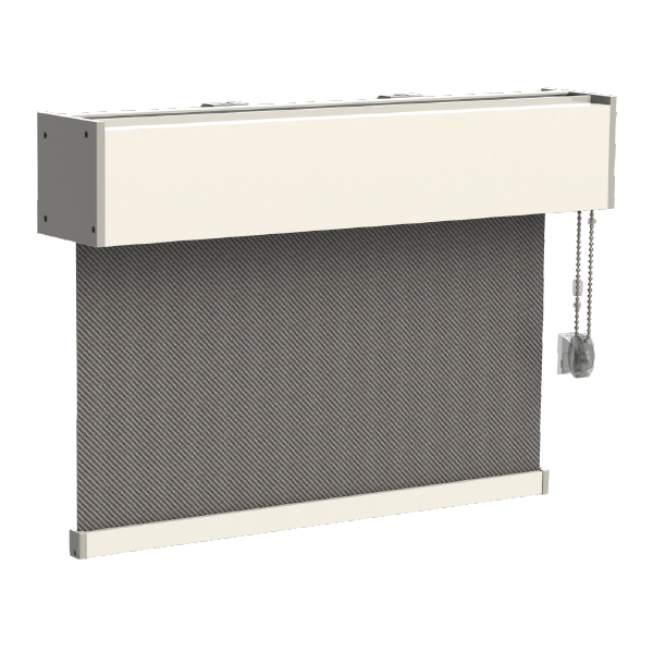 Tenda a rullo beige e grigia con tirante a catena.