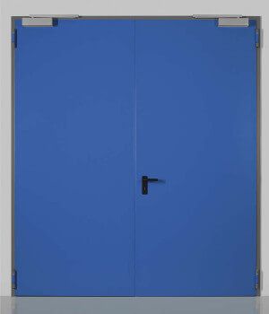 Porte doppie blu con maniglia nera e ferramenta argentata in un ambiente neutro.