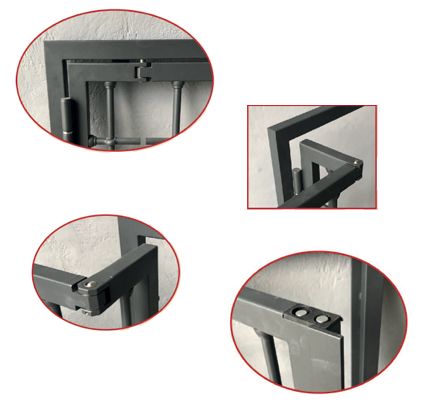 Immagini ravvicinate di un cancello in metallo grigio scuro con cerniere e giunti, che ne illustrano la costruzione e il design.