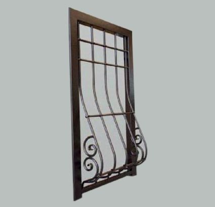 Finestra di sicurezza in metallo con barre verticali, design curvo decorativo, telaio marrone.