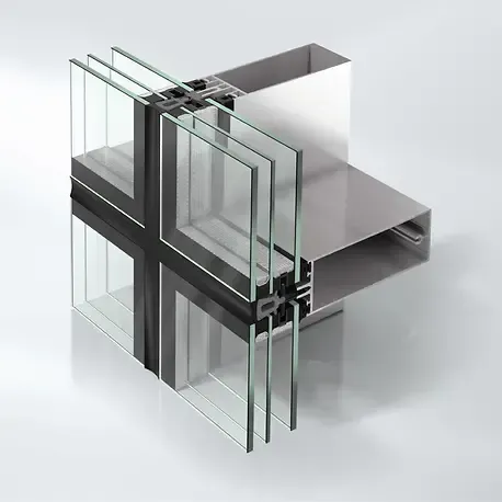 Sezione trasversale di una parete in vetro con telaio in alluminio, che illustra i pannelli stratificati e i dettagli strutturali.