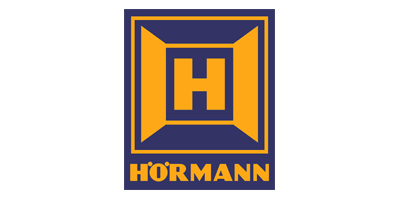 Logo HÖRMANN: un quadrato blu navy con una forma geometrica "H" arancione e il nome del marchio in arancione.