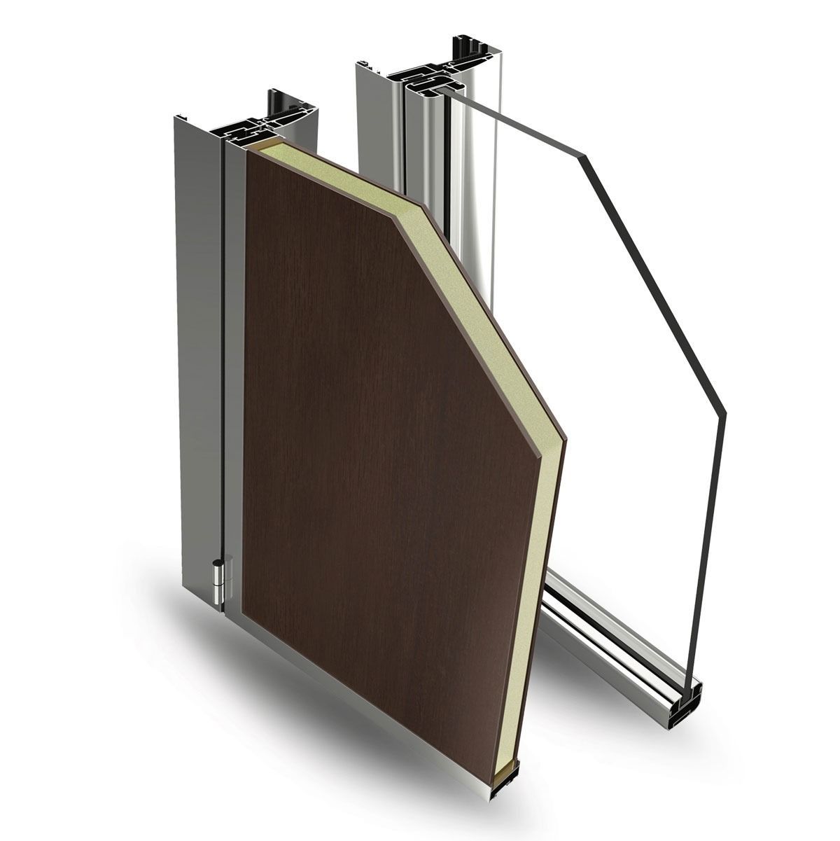 Sezione trasversale di una porta isolata. Pannello marrone scuro con anima beige e pannello di vetro all'interno di un telaio metallico.