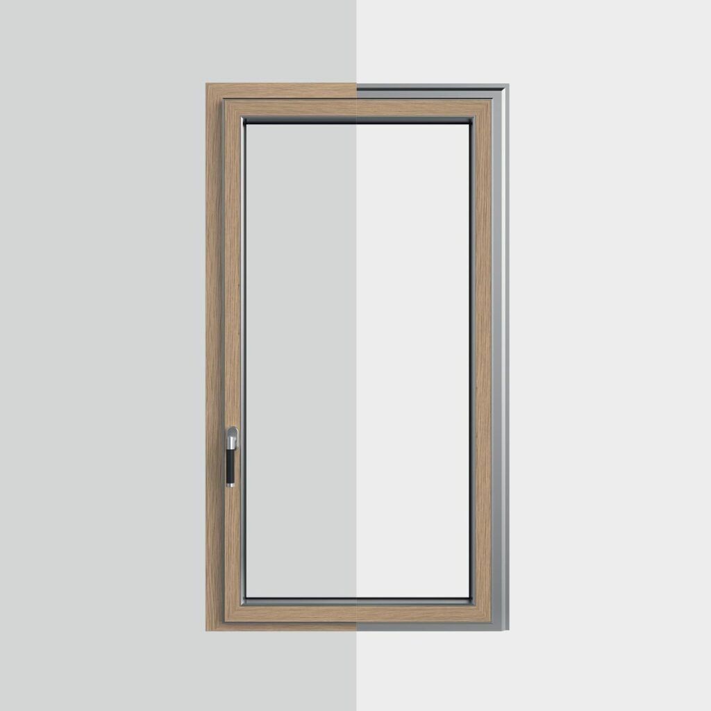 Finestra con telaio effetto legno, pannello in vetro e finiture in metallo, raffigurata su uno sfondo neutro.