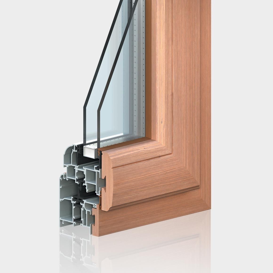 Sezione trasversale di un telaio di finestra rivestito in legno che mostra l'interno in alluminio, il vetro a doppio vetro e l'esterno in legno.