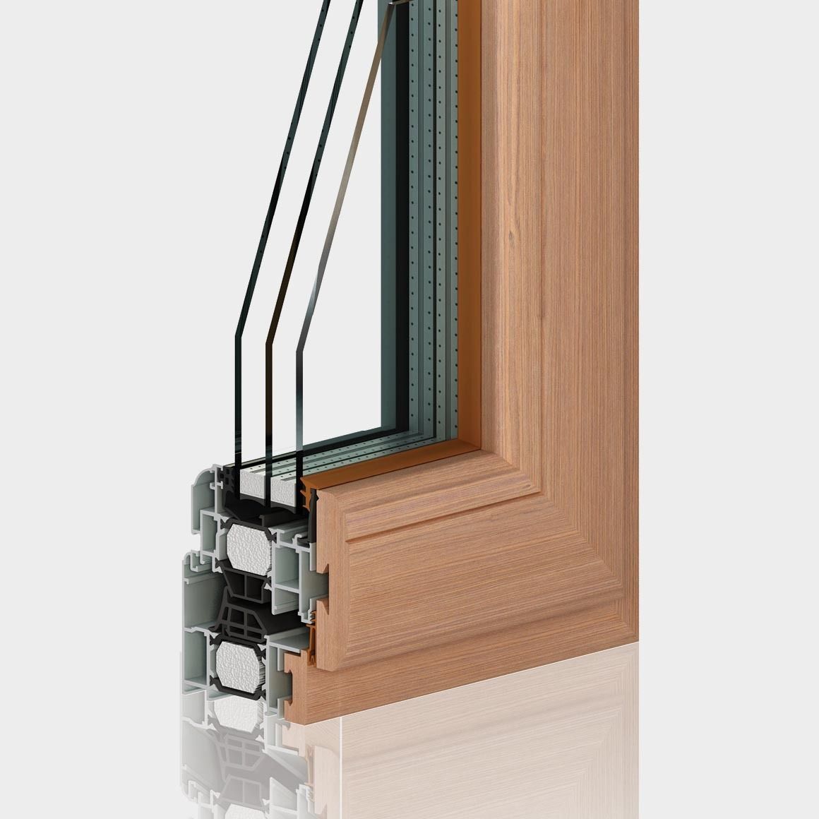 Sezione trasversale di una finestra con telaio in legno e triplo vetro, che mostra gli strati di costruzione.