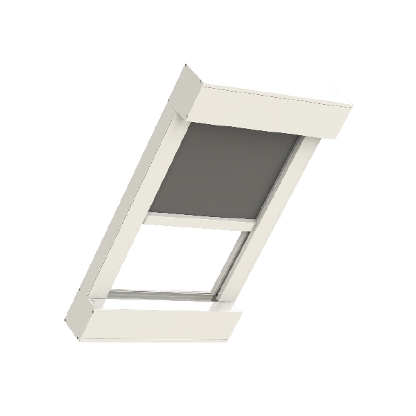Lucernario angolato con cornice bianca e paralume grigio scuro.