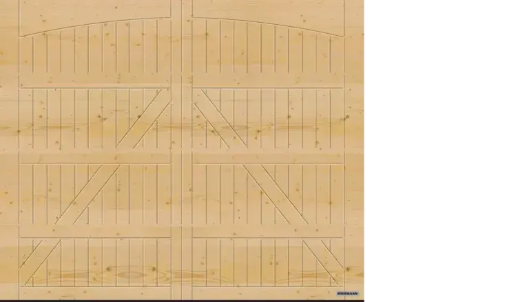 Porte da garage in legno con assi verticali e rinforzi diagonali.