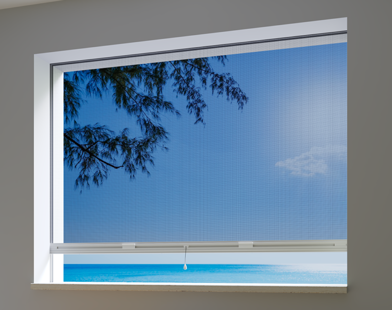 Finestra con cielo azzurro, rami di alberi e spiaggia visibili attraverso la tenda a rete.
