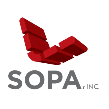 A logo for sopa inc. with a red arrow
