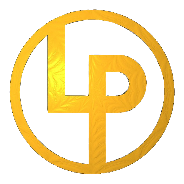 A gold lp logo in a circle on a white background