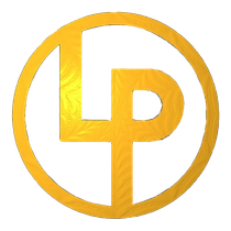 A gold lp logo in a circle on a white background