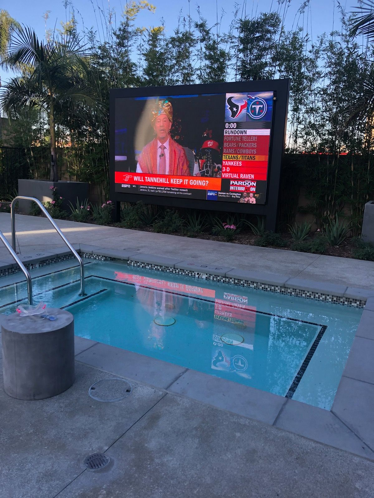 A swimming pool with a large tv on top of it