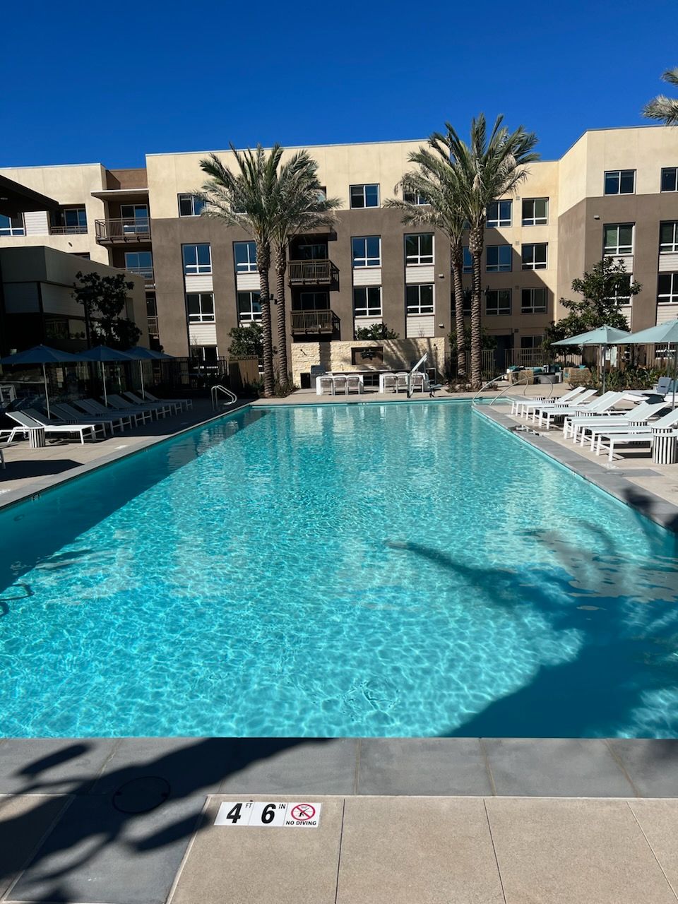 A large swimming pool in front of a building