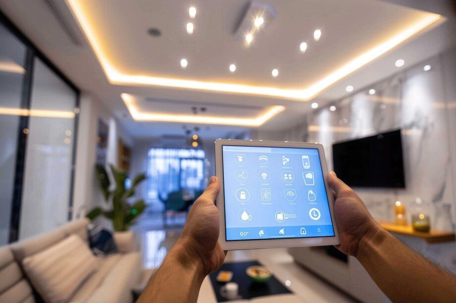 Hands holding a smart home tablet in a modern living room with warm ceiling lights and a TV.