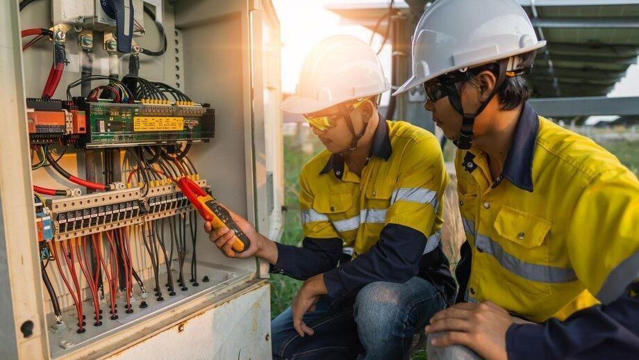 Two electricians in safety gear inspecting electrical panel outdoors.