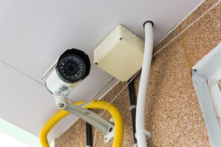 CCTV camera and utility boxes mounted on a wall with yellow and white cables above a doorway