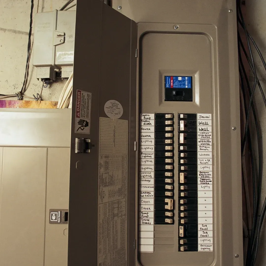 Open electrical breaker panel with many switches and a small blue display screen indoors Open electrical breaker panel with many switches and a small blue display screen indoors