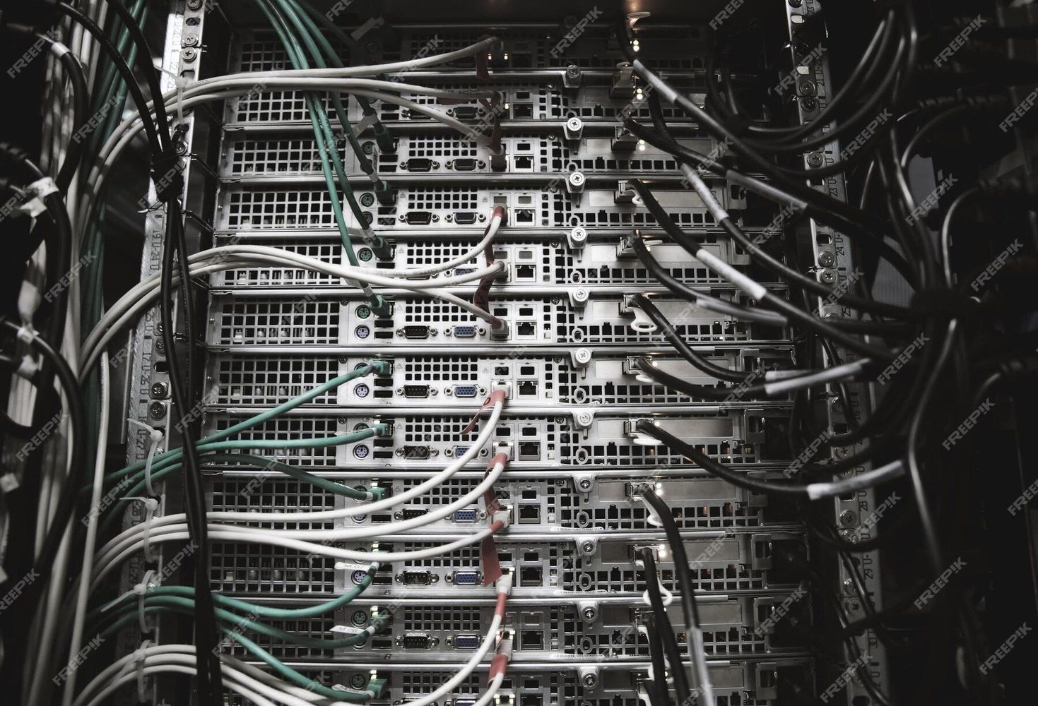 Network server rack with tangled black and white cables in a dark data center