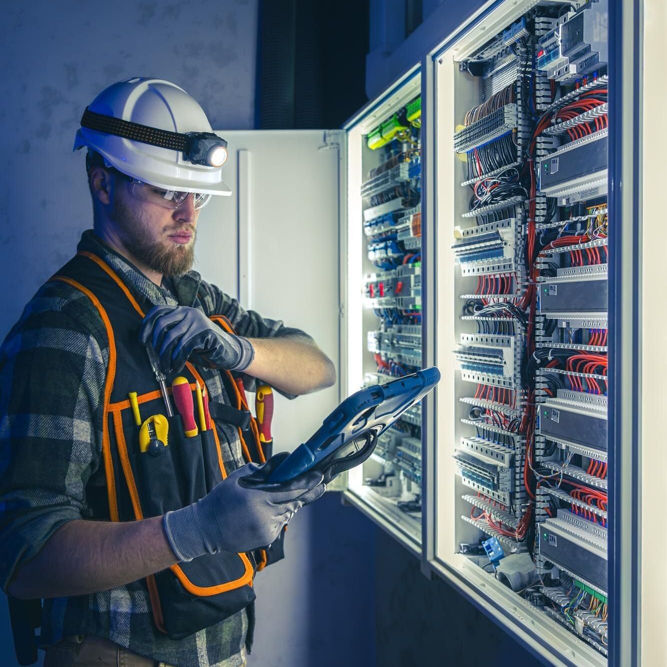 Technician in a hard hat inspecting wiring in an open electrical control cabinet with a tablet.